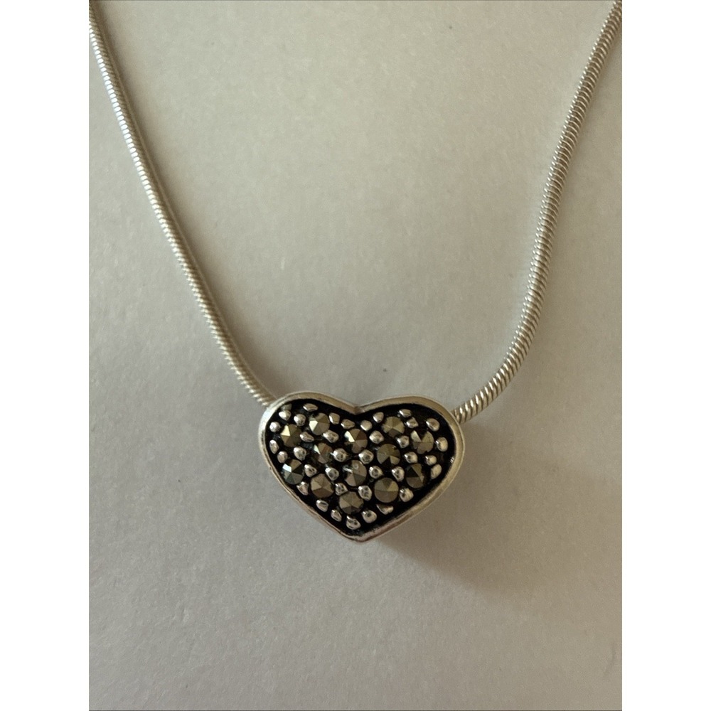 Sterling‎ Silver Marcasite Heart Necklace 16 inch Snake Chain Made in Italy